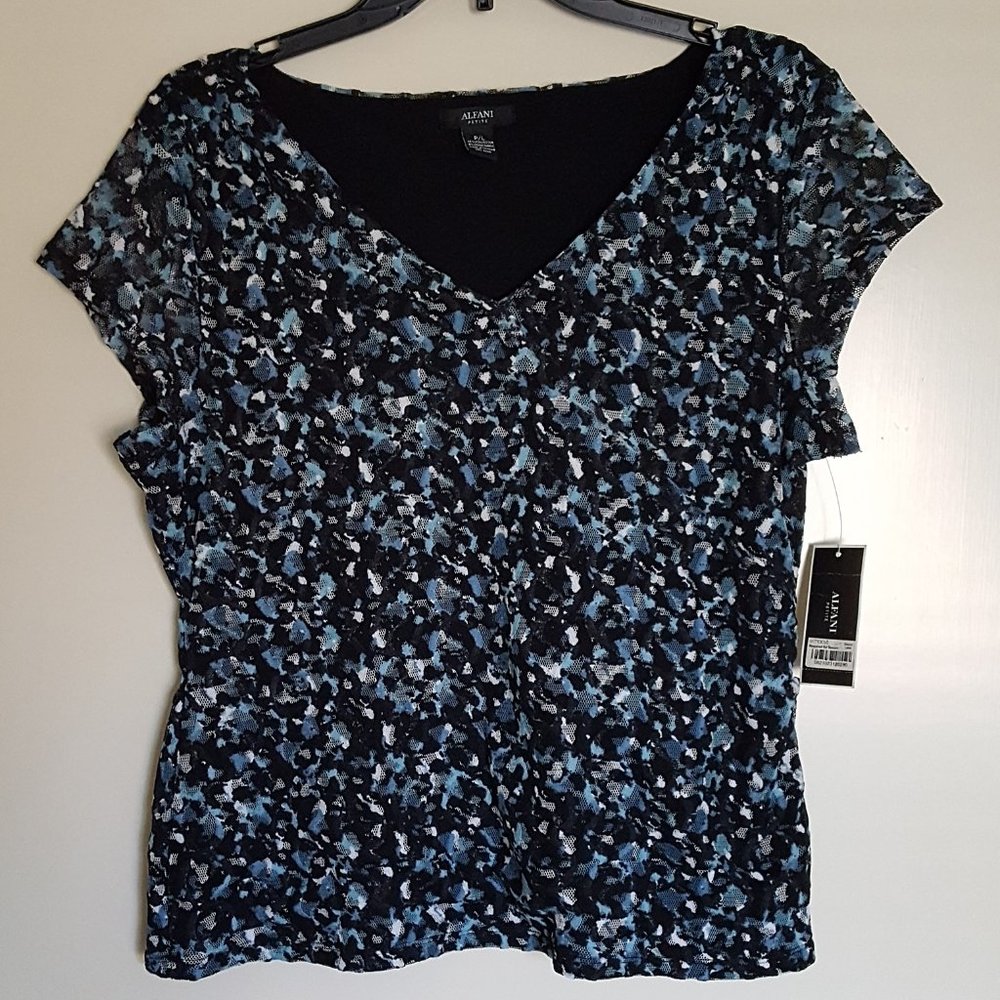 Alfani Turquoise Black White PL Crinkle Stretch Top